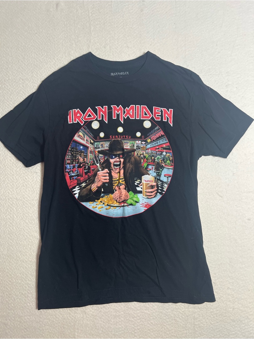 Mens Black Graphic Tee - Iron Maiden Logo Crewneck